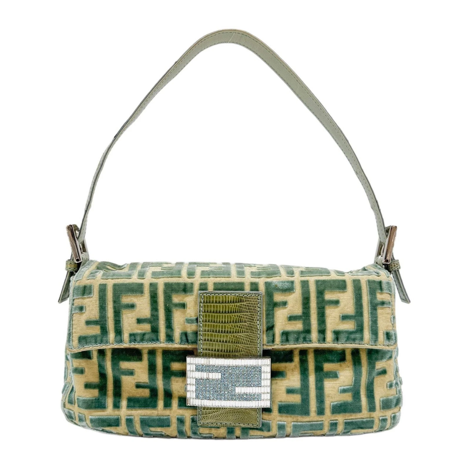 Fendi — FENDI Baguette Rare Fondazione Lisio Collab Teal Green Zucca FF Double Velvet Sh