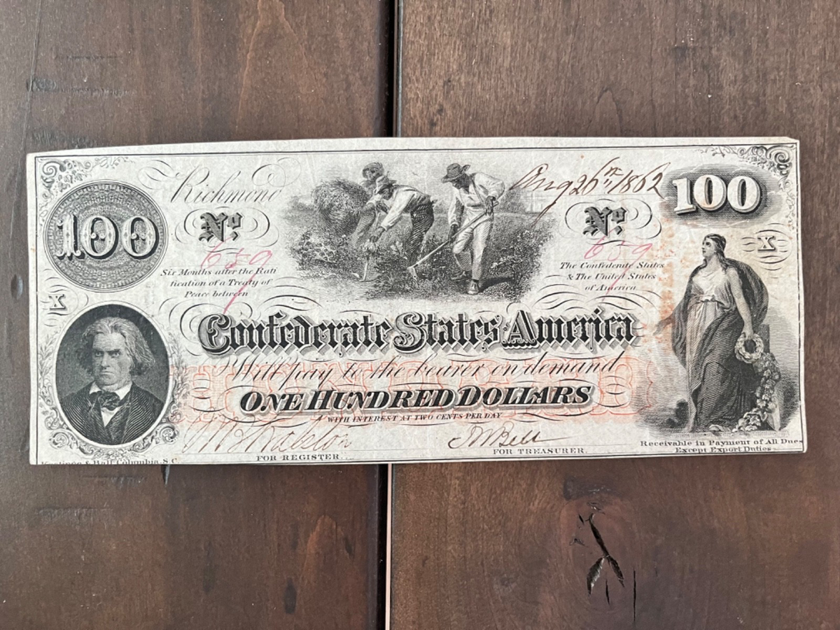 1862 Confederate States States of America $100 obsolete bank note