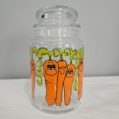Vintage Hildi Anthropomorphic Carrots Cartoon Glass Storage Jar 10''