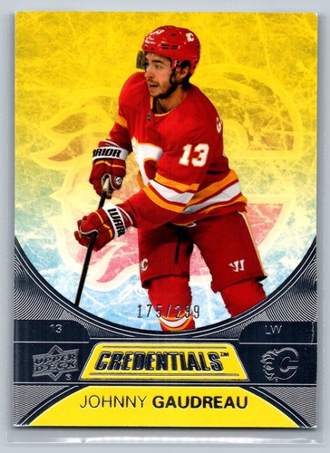 Credenciales de cubierta superior 2021-22 #8 Johnny Gaudreau/299 llamas amarillas de Calgary - Imagen 1 de 2