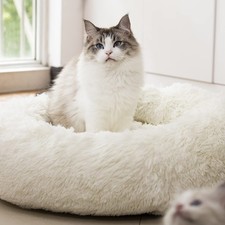 Calming Orthopedic AntiAnxiety Round Plush Dog  Cat Bed, Washable 24in White