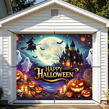 Halloween Garage Door Backdrop, Magic Witch Ghost Castle Happy Halloween Banner,