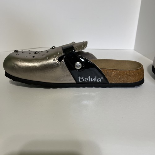 Betula Birkenstock 41 US 10 Womens Metallic Silver & Black w/ Studs Clogs Slides - Picture 9 of 15