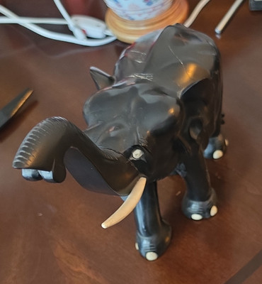 Black Elephant Figurine Raised Trunk White Tusks Marked on Bottom