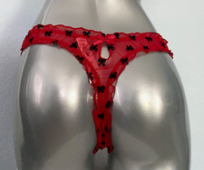 Victoria's Secret Thong Panty Red Mesh Bow Keyhole Ruffle M L XL