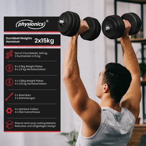Physionics® Zestaw hantli krótkich 30kg Hantle Obciążniki Zestaw hantli Hantle krótkie - Zdjęcie 2 z 12