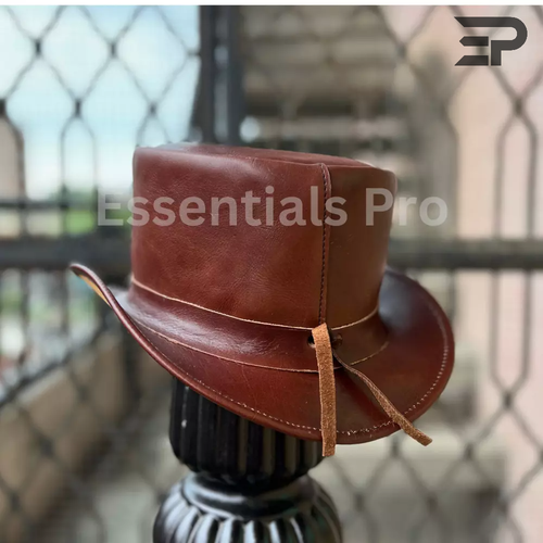 Handmade Leather Top Hat Steampunk Victorian Gothic Biker Western Halloween Hat - Picture 24 of 84