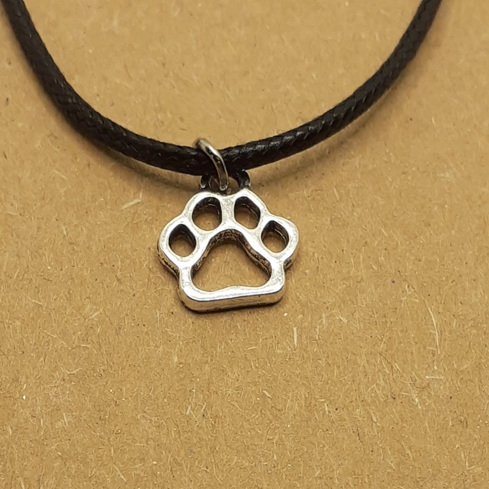 Collana con Zampa zampetta di Cane Gatto Argento ciondolo corda nera Uomo Donna - Immagine 3 di 4