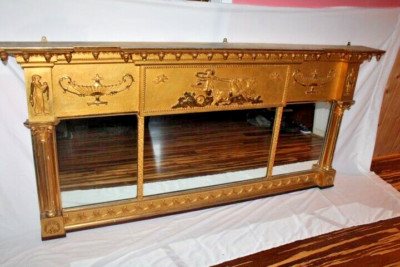 Large ATQ Regency Giltwood Triptych Overmantel Mirror 75'' Adam George III Gold