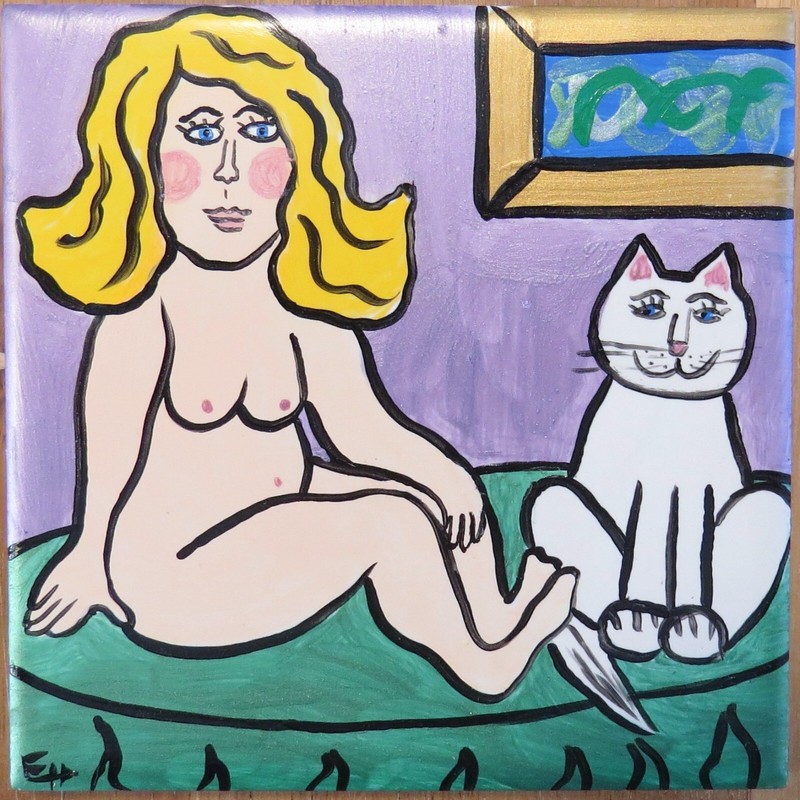 Woman White Cat Hand Painted Original Tile Art Painting Ericajaye