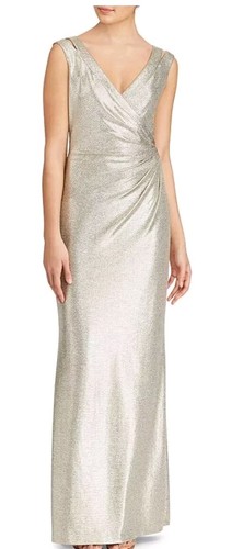 Ralph Lauren Metallic V-neck Jersey Gown Size 10 In Gold Ruched Waist Detail #3