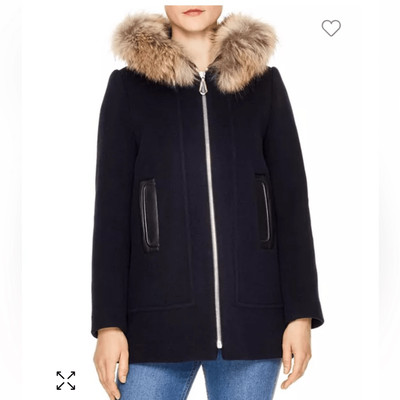 SANDRO Jovan Fur-Trim Coat in Dark Navy Blue Size 36 Small