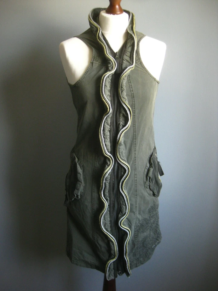 DESIGUAL GILET TUNIC DRESS 8 10 small 38 green military steampunk distressed