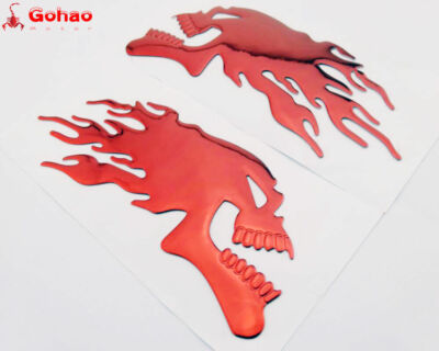 3D Red Skull Flame Motorcycle Street Bike Scooter Emblems Badge Sticker L/R Pair