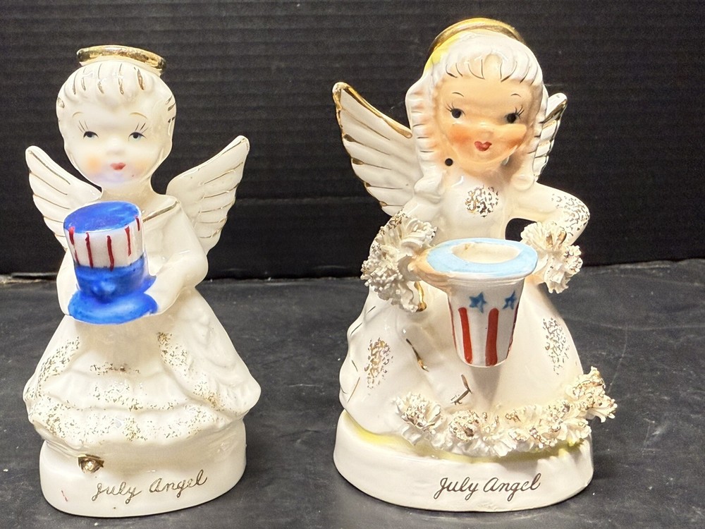 Vtg Napco A1367 July Birthday Girl Angel Figurines Top Hat Patriotic Spaghetti