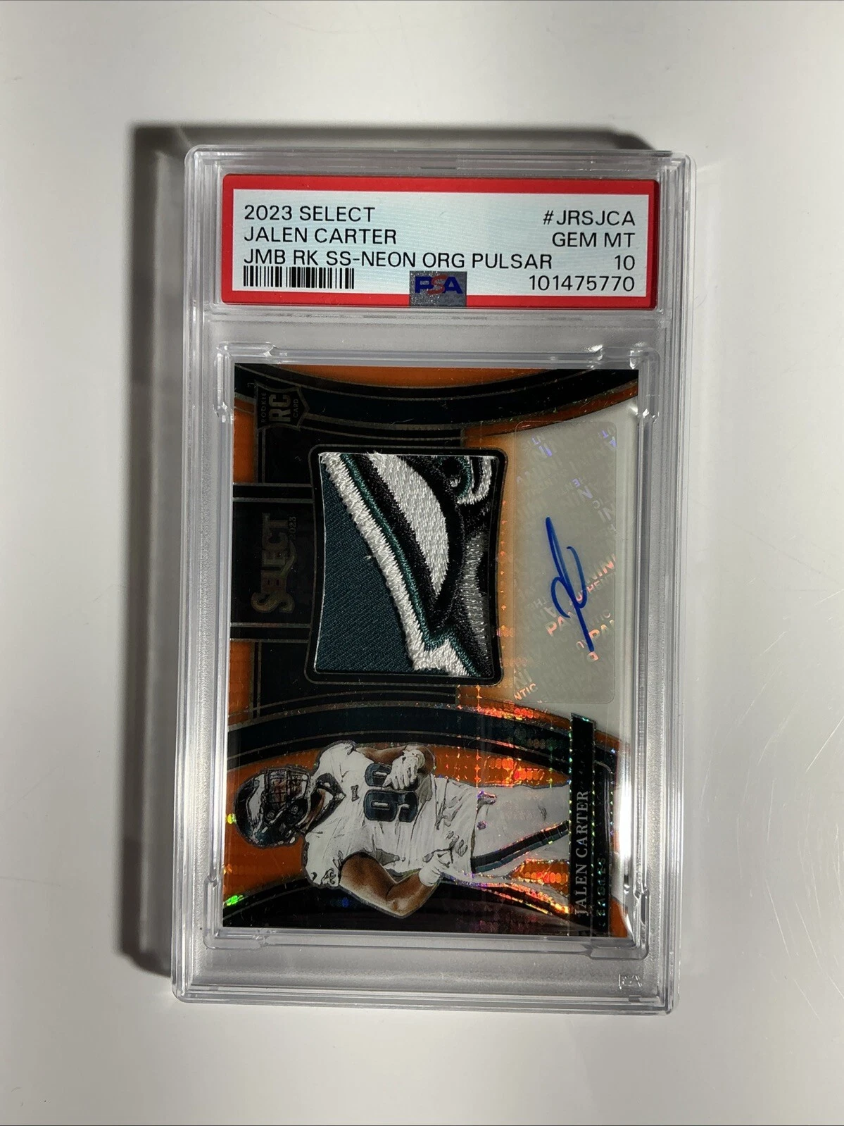 Jalen Carter Panini Select Jumbo Rookie Signature Swatches #JRSJCA Neon Orange Pulsar