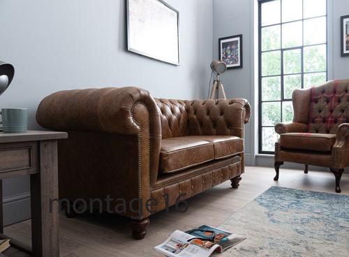 Bespoke Tudor Tan Brown Vintage Leather Chesterfield Two Seater Sofa - Picture 3 of 7