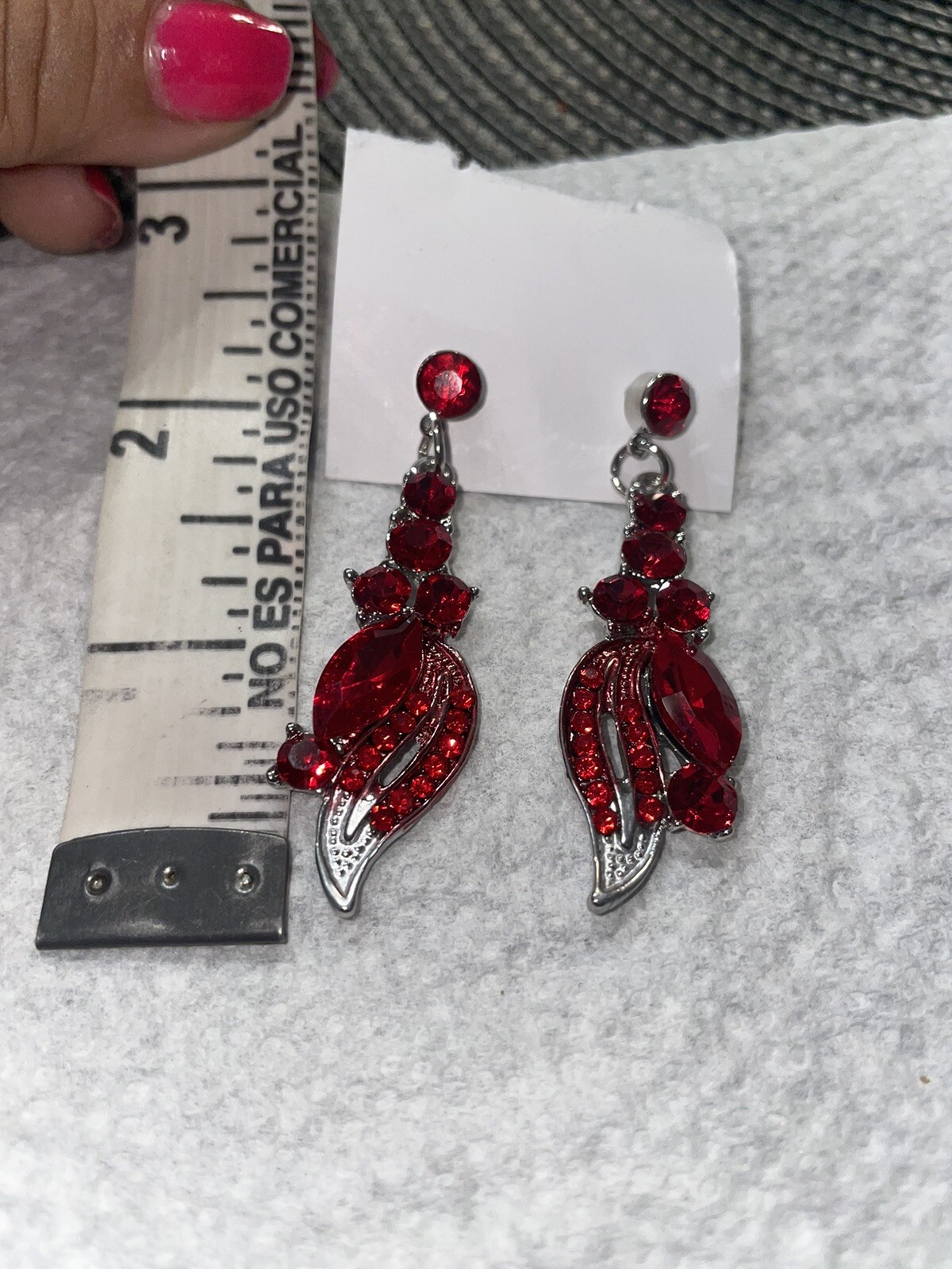 Earrings, Silver Tone Red, Rhinestone Dangle Earr… - image 2