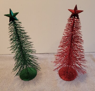 Unbranded Metal Base Bristle Glittered Christmas Trees 12  LOT OF 2 Red & Green