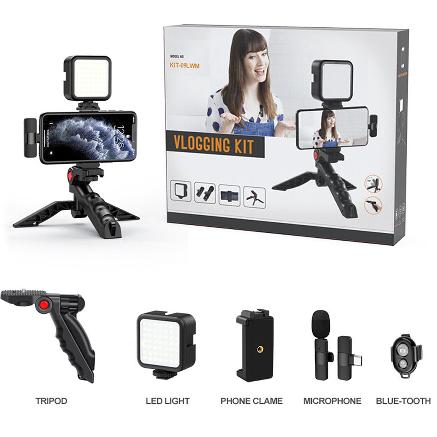 Smartphone Vlogging Kit w/ Tripod Fill Light Microphone Phone Clip & Remote-image