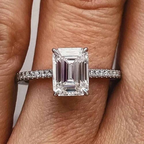 3.5CTW Emerald Cut D Moissanite Wedding Anniversary Ring 14k White Gold Plated - Picture 9 of 15