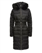 Womens Jaeger Black Faux Fur Trim Puffer Longline Coat Uk 6