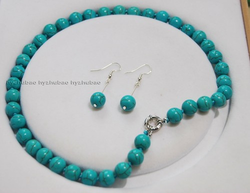 10mm Round Blue Turquoise Gemstones Beads Necklace + Earrings Jewelry Set AAA - Picture 5 of 6