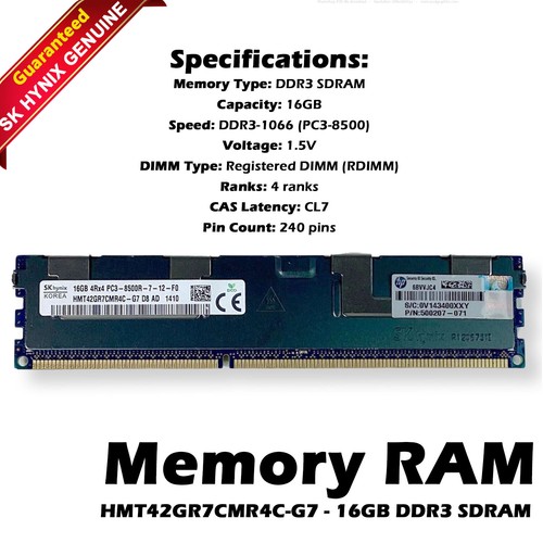 SK Hynix HMT42GR7CMR4C-G7 16GB DDR3 1066MHz 4Rx4 PC3-8500R ECC RDIMM Server RAM - Picture 1 of 8