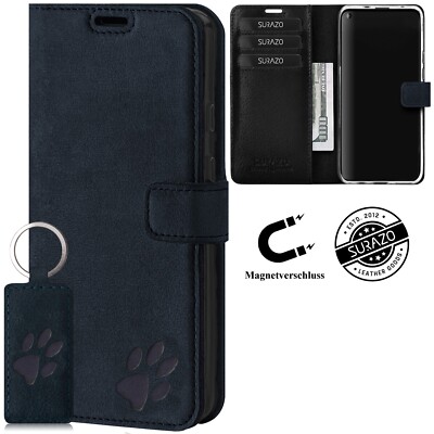 SURAZO Premium Echtes Ledertasche Schutzhülle Wallet Case Nubuk Blau - Pfote