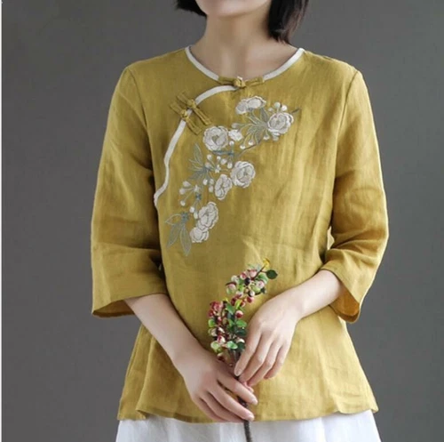 Women's Cotton and Linen Retro Embroidery Diagonal Button Loose Blouse T-Shirt - Picture 2 of 20