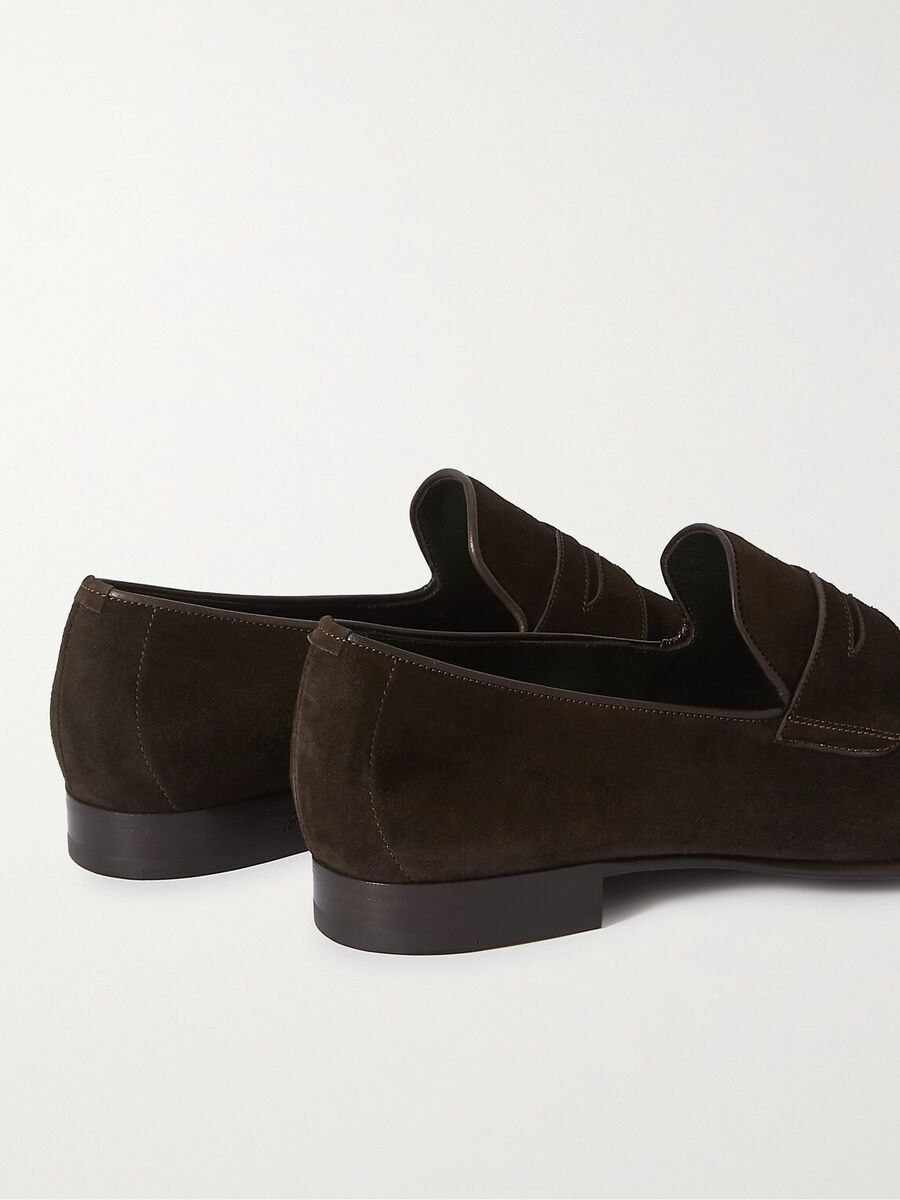 Brioni RPCB0LPC4919000 関税送料込 BRIONI Leather-Trimmed Suede Penny Loafers Dark Brown UK 11