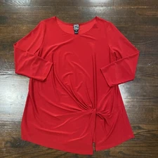 Clara Sun Woo Solid Red Twist Knot Tunic Top Blouse Womens Sz M Asymmetrical Hem
