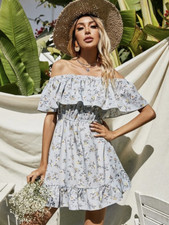 Floral Boho Off The Shoulder Dress, Ruffle Hem Dress size M