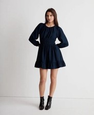 NWT Madewell Sophia Open-Back Mini Dress SMALL Blue Ruffle Trim Long Sleeve