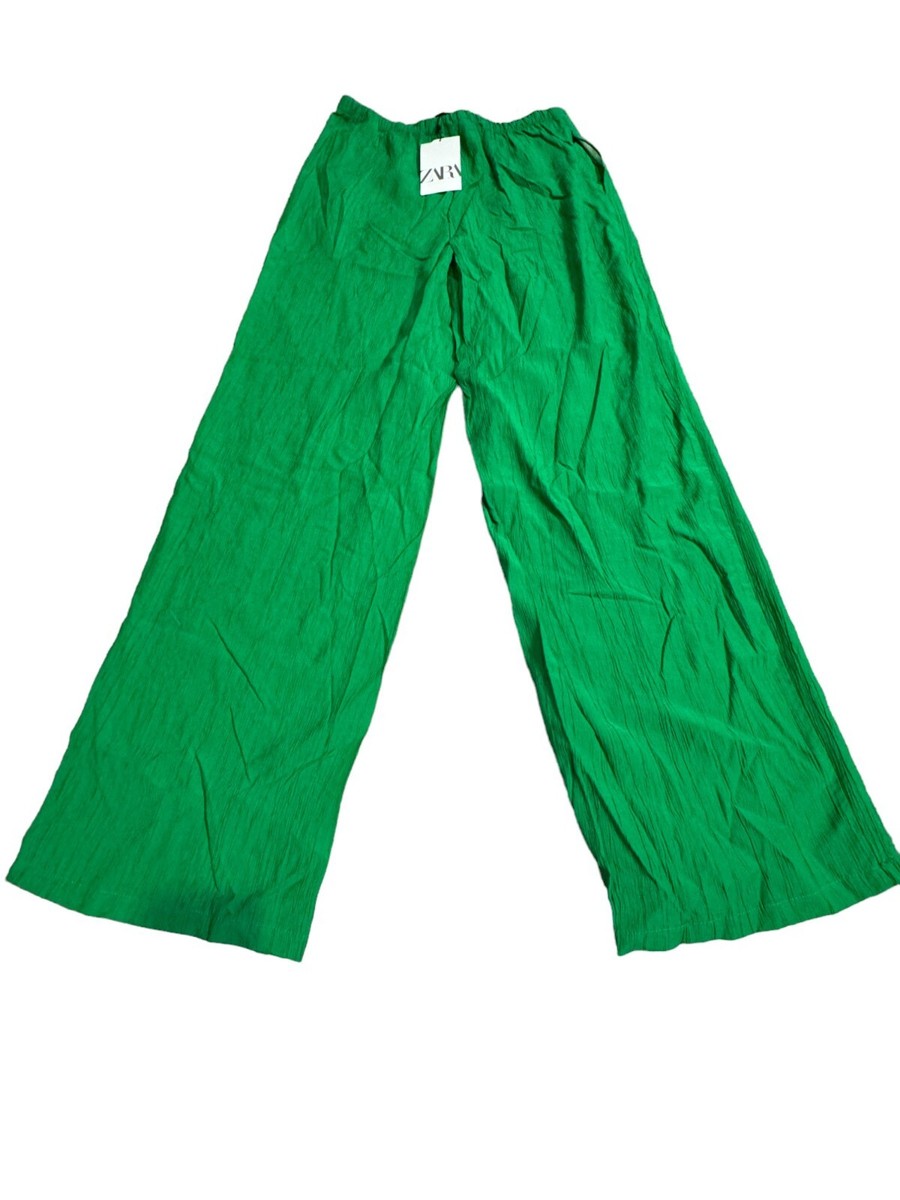 Zara Womens Pants Wrinkle effect S Green Wide Leg Drawstring Zara Womens Pants Wrinkle effect S Green Wide Leg Drawstring