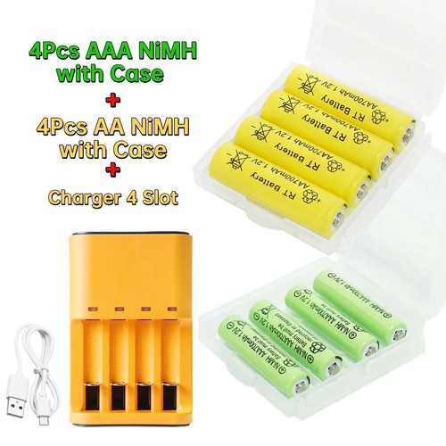 4Pcs AA & 4Pcs AAA Ni-MH Rechargeable Batteries 1.2v with 4 Slot Charger & Case