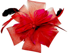 Red Fascinator Headpiece Mesh  Feathers Melbourne Cup / Red Hat Society 20x20cm
