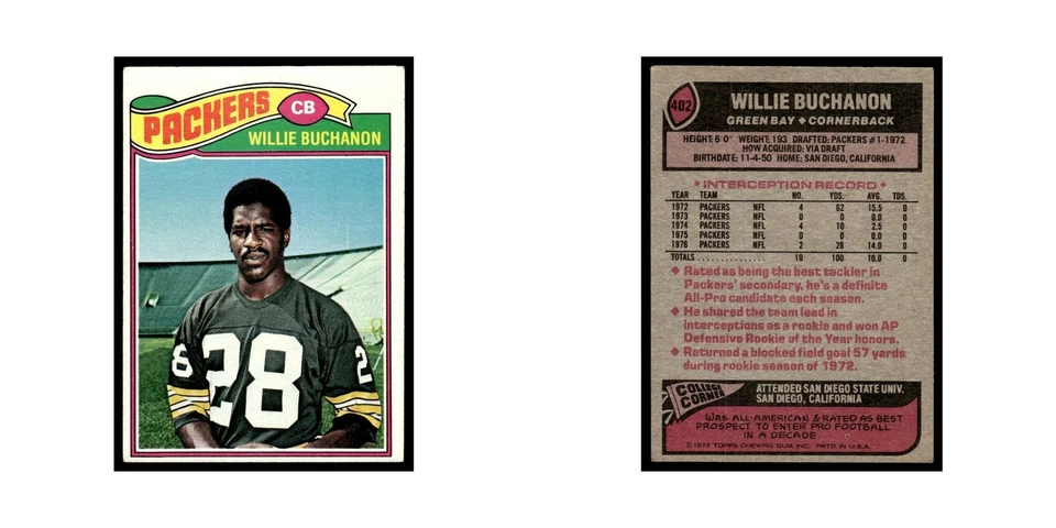 Willie Buchanon 1977 Topps #402.0 Green Bay Packers Football Card EX - Image 3 of 3