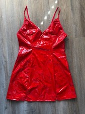 Sexy Red Vinyl Mini Dress - Faux Leather Patent Bodycon Slip Dress - Size M