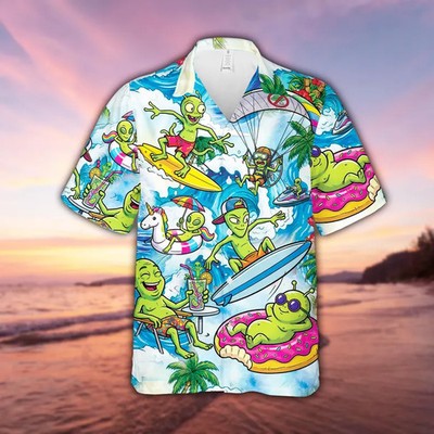 Funny Sci Fi Alien Surf Hawaiian Shirt