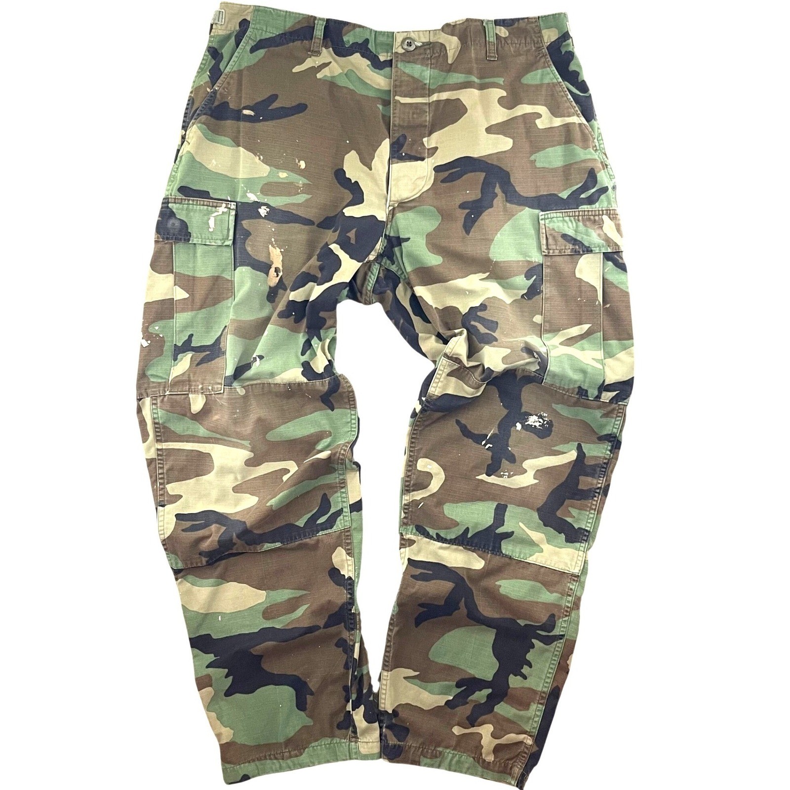 VTG Military Cargo Pants Men 38x30 Woodland Camo Ripstop Button Fly Paint Grunge