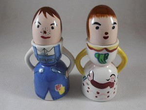 Vtg 1950s Napco Anthropomorphic Mr & Mrs Egg Cups Coddler W Salt Pepper Japan