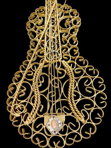 Vintage 80's Victorian Gold Iron Scrollwork Coral Cabochon Violin Wall Art Work - Picture 8 of 23