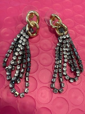 Rhinestone looped dangle post earrings gold braid detail