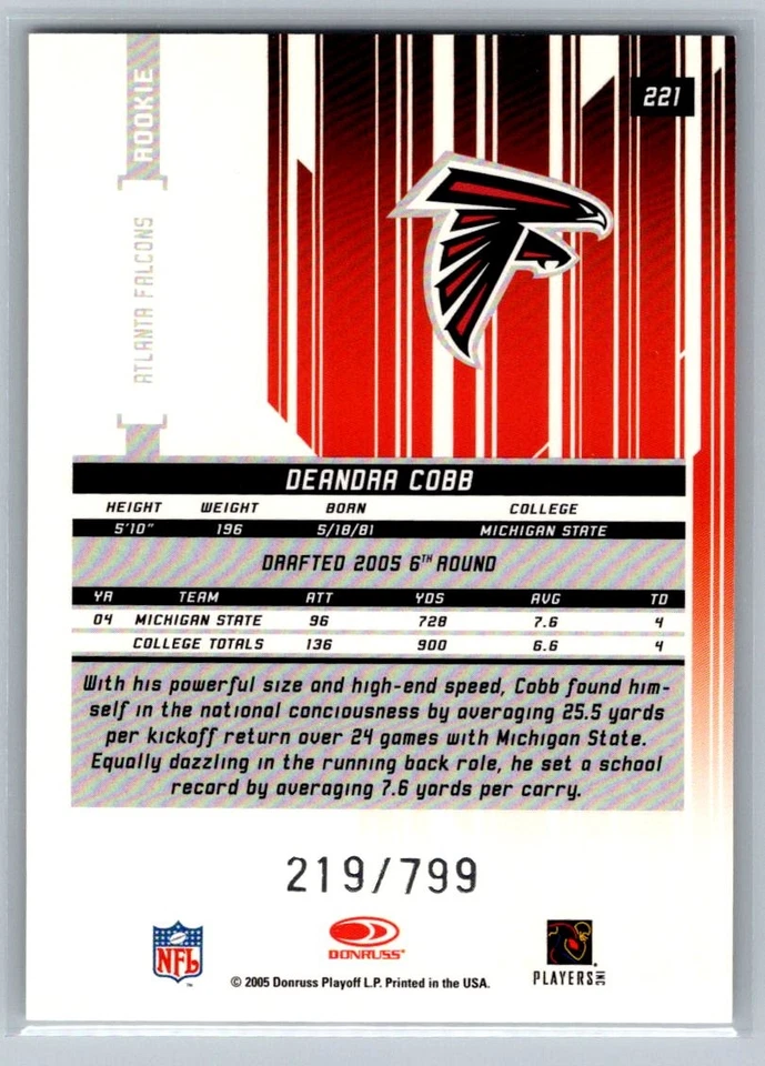 2005 Leaf Rookies & Stars #221 Deandra Cobb Rookie #/799 Atlanta Falcons H60 - Image 2 of 2