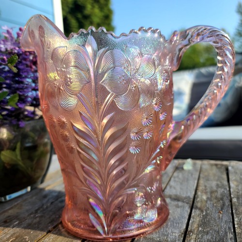 Vintage Imperial Glass Pink Iridescent Tiger Lily Pattern Pitcher - Picture 19 of 19