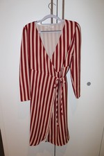 Glamorous Petite Red & Cream Striped Wrap Midi Dress Long Sleeve UK 10
