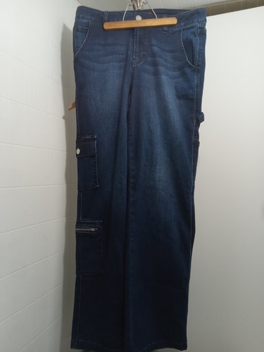 Hot Kiss Jeans Mis Rise Cargo Sz 11 Wide Leg Blue, Lots Of Pockets - Picture 1 of 9
