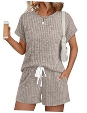 Womens 2 Piece Short Sets Summer Lounge Outfits Vacation Travel Medium Camel