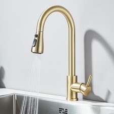 Kitchen Brushed Gold Faucet Single Handle Sink Mixer Taps with Pull Down Sprayer